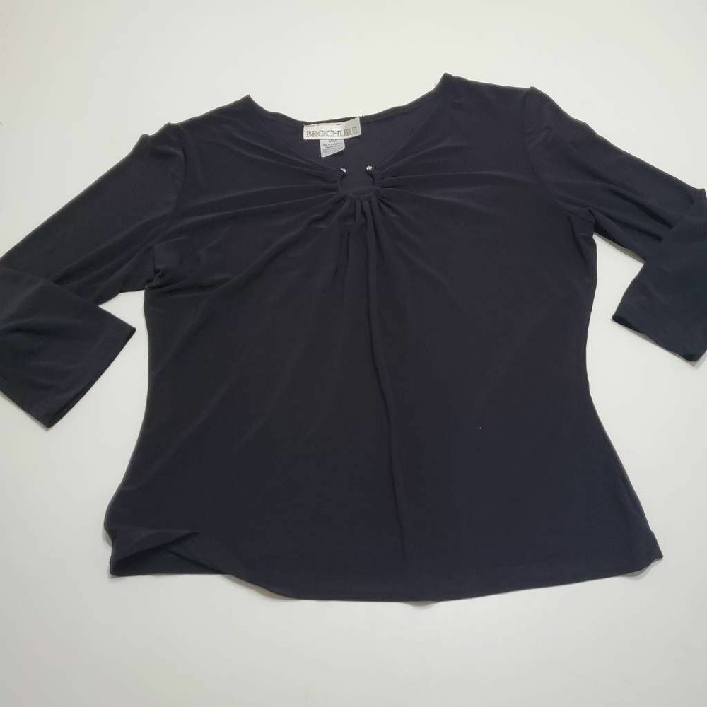 Brochure Womens Blouse Black 3/4 Sleeve Notch Neck Ruched Top M